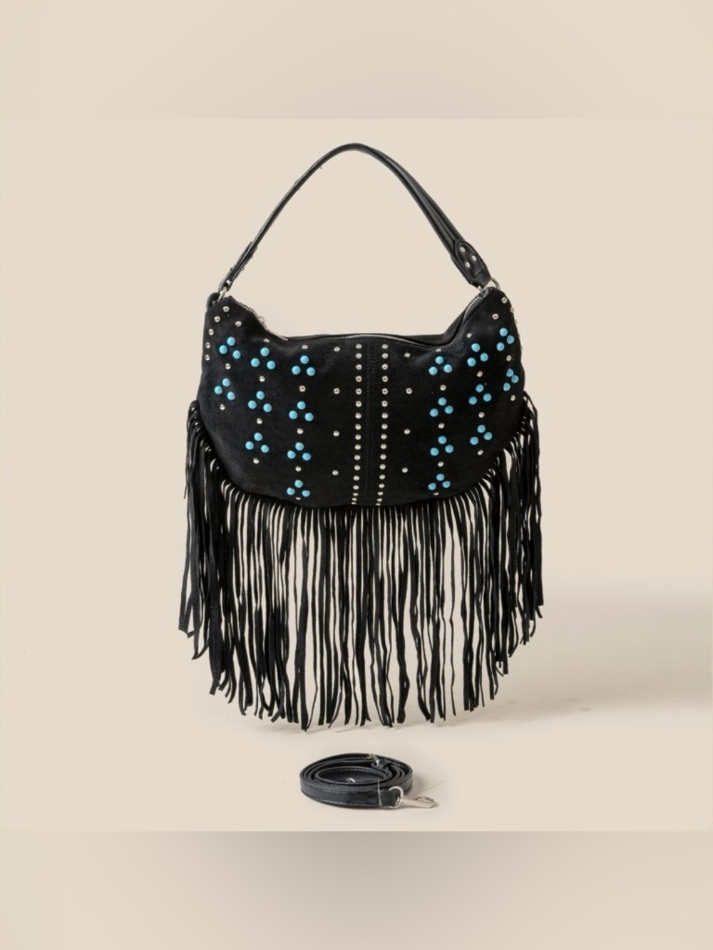 Fame Studded Pattern Multi Fringe Hobo Shoulder Bag